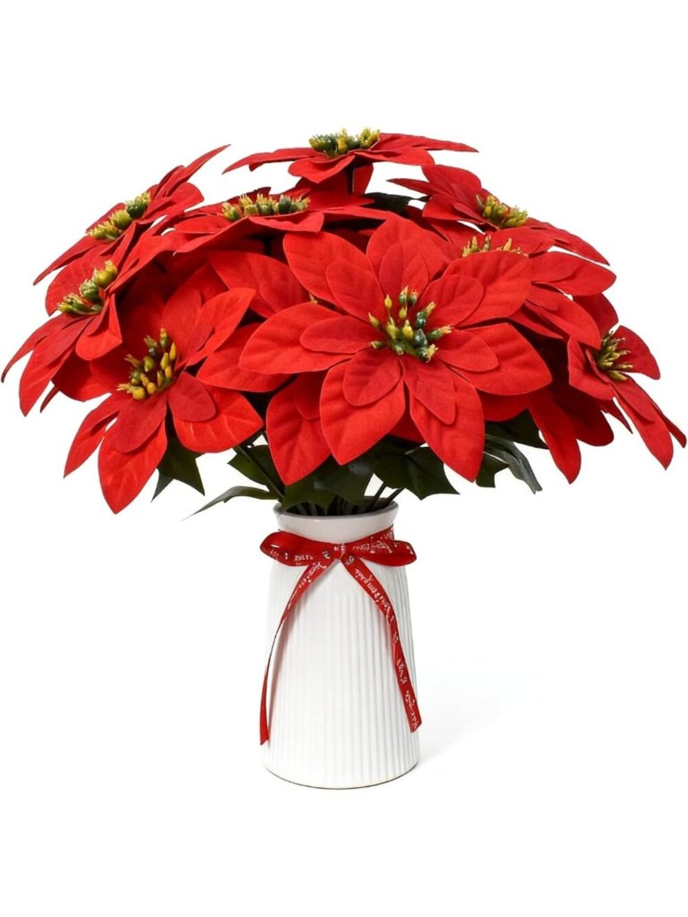 Red Velvet Poinsettia Flower Arrangement in White Ceramic Vase - Holiday Table